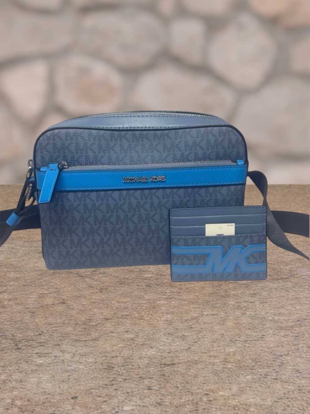 Michael Kors Cooper Utility Messenger & Card Holder Denim Multi Unisex Blue Logo